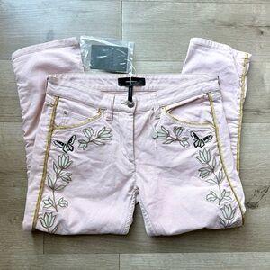 NWT Isabel Marant Western Embroidered Floral Butterflies Pink Gold Crop Jeans